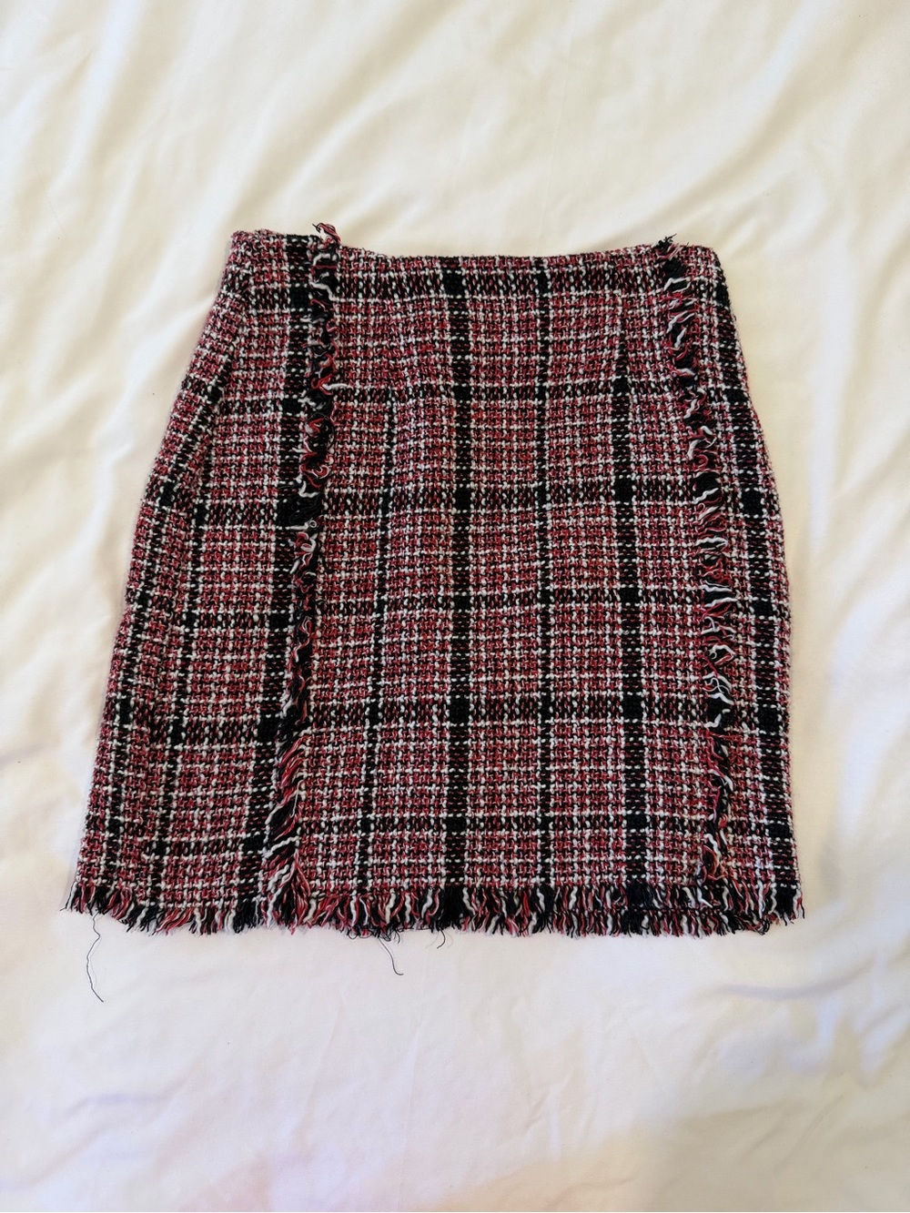 Pink & Black Tweed Fringe Pencil Skirt